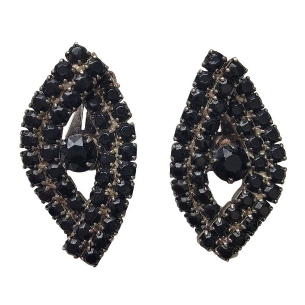Vintage Mid Century Silver Tone Black Rhinestone Clip On Almond Twist Earrings